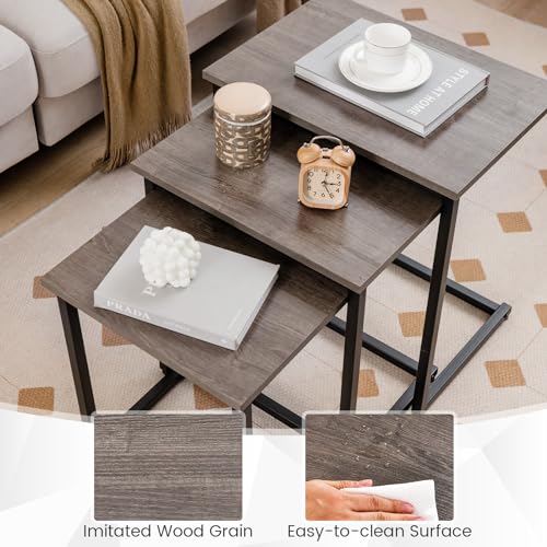 Tangkula Nesting Table Set of 3, Rectangle Stacking Side End Table w/Wood Top & Metal Legs, Adjustable Foot Pads, C-Shaped Accent Coffee Tables for Small Spaces, Living Room (C-Shaped, Gray, 3-pc) - color: Grey