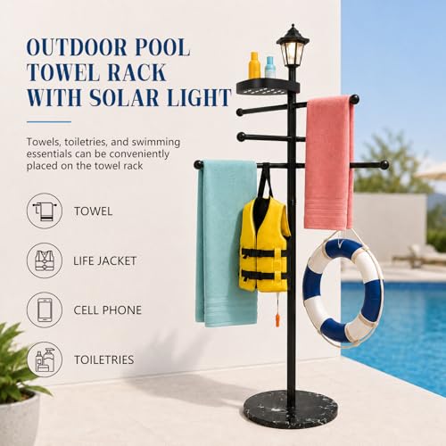 Pool Towel Rack Outdoor with Solar Light, 64" Heavy Duty Pool Towel Holder with Weighted Marble Base, 3-Tier Freestanding Outdoor Towel Rack with Storage Tray for Pool, Hot Tub, Backyard