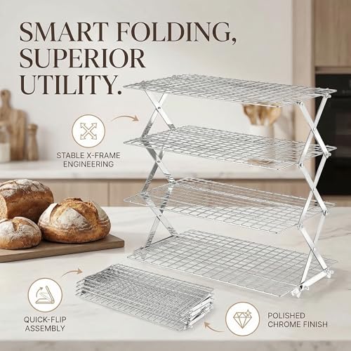 4-Tier Collapsible Cooling Rack for Baking | Adjustable Stackable Wire Rack for Cookies, Cakes & Roasting | Space-Saving Foldable Design for Small Kitchens & Camping (Silver) - color: Silver