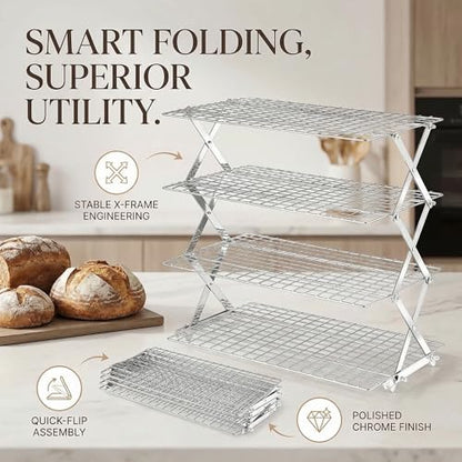 4-Tier Collapsible Cooling Rack for Baking | Adjustable Stackable Wire Rack for Cookies, Cakes & Roasting | Space-Saving Foldable Design for Small Kitchens & Camping (Silver) - color: Silver