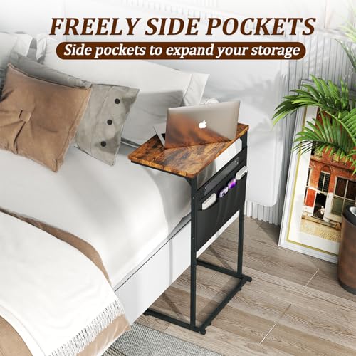 C Shaped End Table, Small Side Table with Storage Bag for Couch, Sofa Table with Metal Frame for Living Room and Bedroom Bedside, Rustic Brown ZER-007Br - color: Brown