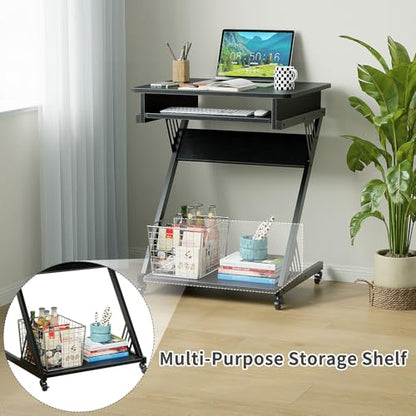 ALISENED Computer Desk for Small Spaces,23.6" Z-Shaped Compact Study Table with Smooth Keyboard Tray,with Wheels and Bottom Shelves for Home Office，Computer Cart Mobile Laptop Cart - color: Black