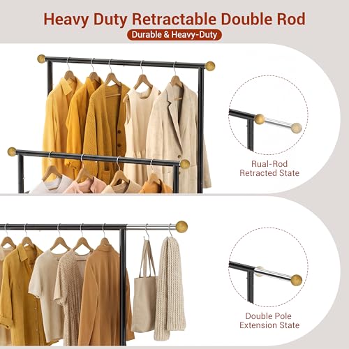 Rolling Garment Rack - Double Rod Clothes Rack with Lockable Casters, Mesh Storage Shelf & Anti-Slip Wooden Finials accented - Sleek Black Freestanding Closet Organizer for Coats, Dresses - color: 1-Tier (59.5 H")