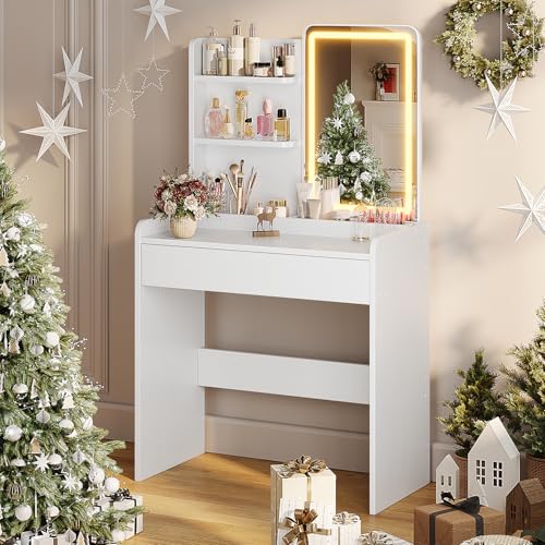 Memobarco Small Vanity Desk with Mirror and Lights, Makeup Vanity with Drawer & Storage Shelves, Vanity Desk with 3 Lighting Modes & Adjustable Brightness, Dressing Table for Women Girls Bedroom,White - color: White