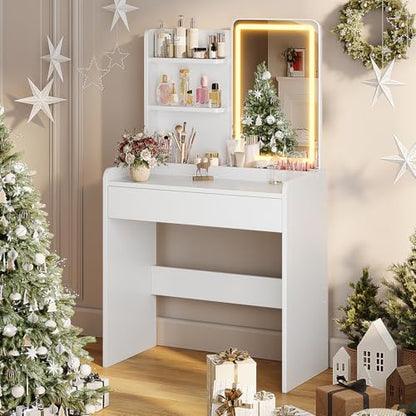Memobarco Small Vanity Desk with Mirror and Lights, Makeup Vanity with Drawer & Storage Shelves, Vanity Desk with 3 Lighting Modes & Adjustable Brightness, Dressing Table for Women Girls Bedroom,White - color: White