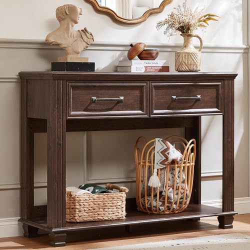 SAVOR LIFE Farmhouse 46" Console Table with 2 Drawers, Rustic Wood 2 Tier Entryway Table with Open Storage Shelf for Entry, Large Mid-Century Vintage Sofa Tables Behind Couch for Living Room, Walnut - color: Walnut