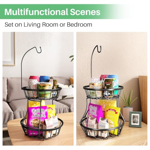 SAYZH 2-Tier Fruit Basket Bowl Stackable Vegetable Storage with Banana Tree Hanger Stand for Kitchen Countertop, Metal Wire Basket for Bread Onions Potatoes (Black)