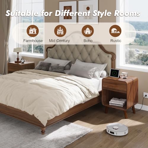 Nasonet Small Night Stand, 17.7'' Wide Bedside Table with Charging Station, Mid Century Modern Nightstands with Drawers, Bedroom Side Table End Table for Living Room, Curved Beveled Design, Walnut - color: Walnut, size: 1 Drawer