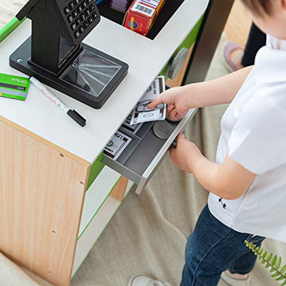 Teamson Kids Cashier Austin Interactive Wooden Play Market Stand with Lights and Sounds, Manual Conveyor Belt, Register and Display Spaces, Green and White Décor on Natural Wood | Manual Conveyor Belt, Scanner, Display Shelves, Green and Natural, Educatio