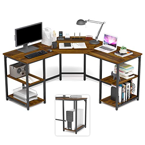 Elephance Large L-Shaped Computer Desk with Shelves, Corner Desk, Home Office Writing Workstation, Gaming Desk PC Latop Table with Storage - color: Teak