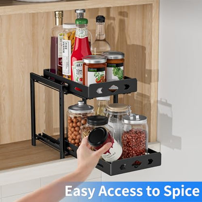 Pull Out Spice Racks for Inside Cabinets, 2 - Tier Cabinet Spice Rack Organizer, Height Adjustable Vertical Spice Rack for Cabinet, Kitchen, Pantry, Cupboard (7.5''Wx10.8''Dx9.2''H, Metal Black) - size: 7.5''Wx10.8''Dx9.2''H,2 Tier
