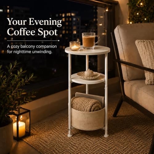 Small Round Side Table with Storage Basket, 3-Tier Narrow End Table Nightstand for Living Room Bedroom, 11.8" Diameter Modern Bedside Table for Small Spaces, Wood Grain & Metal Frame (White) - color: White