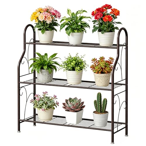 SORCEDAS Plant Stand Indoor Outdoor Plant Shelf 3 Tier Metal Corner Flower Stand Multiple Holder for Patio Garden Balcony Living Room, Bronze - size: 3 Tier-Bronze