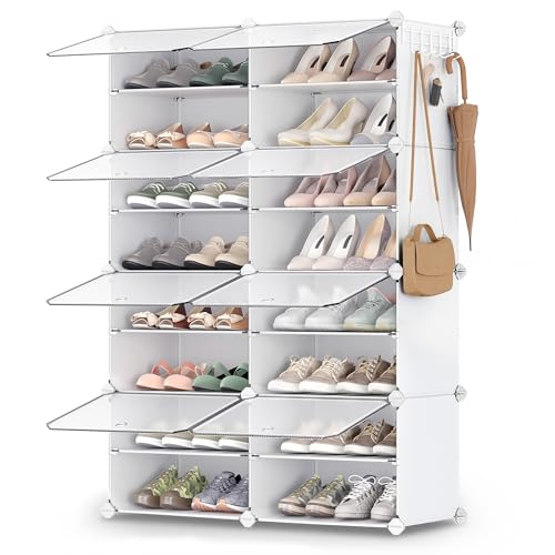 SONGMICS Shoe Rack Organizer, 8-Tier Shoe Storage Cabinet for Closet and Entryway, Holds 32 Pairs of Shoes, Adjustable, Cloud White and Transparent ULPC034W01 - color: Cloud White + Transparent, size: 8 Cubes