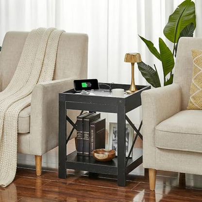Farmhouse Side Table with Charging Station,2-Tier Square End Table | 2-Tier Shelf Modern Sofa Couch Table Bedside Nightstand With X-Frame for Living Room Bedroom Office Small spaces,Black - color: Black, style: With Outlets