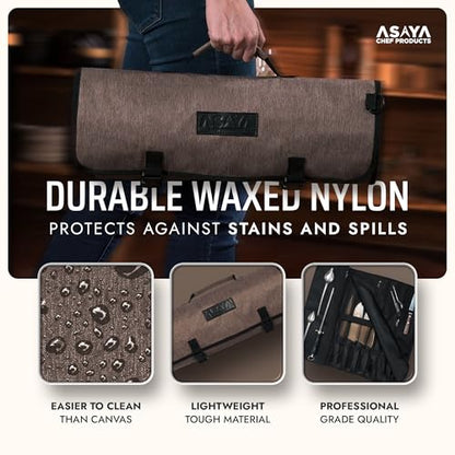 Asaya Waxed Nylon Chef Knife Roll Bag with 20 Slots and Zippered Pockets - Professional Chef Knife Bag & Storage Case, Tool Carrier with Shoulder Strap - Knives Not Included (Brown) - color: Brown