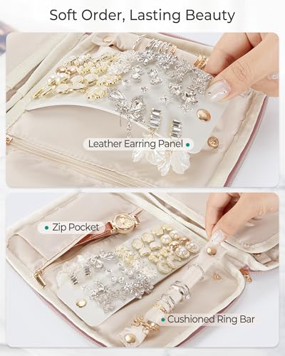 Marscamd Travel Jewelry Organizer Case, Foldable Jewelry Bag, Pink | with Multi Pockets for Earrings, Rings, Necklaces, Bracelets, Brooches - color: Pink