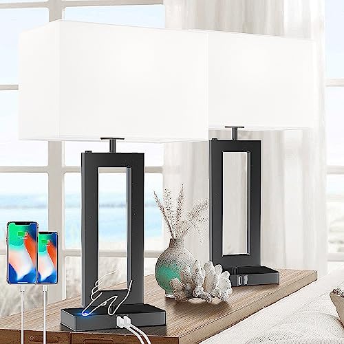 MoMyofdy White& Black Table Lamp Set of 2 Touch Control Lamps 3-Way Dimmable Bedroom Bedside Nightstand Lamps w/USB Ports Modern Table Lamp for Living Room End Table Office, 22’’ Tall, Daylight - color: White-Daylight, size: 22IN