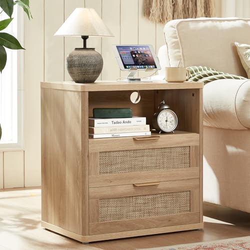 LEYAOYAO Rattan 23" Nightstands with Charger Station 2 Drawers | Gold Metal Handle, Open Shlef Storage, Boho Night Stand, Bedside Table Dresser for Bedroom, Living Room Hallway - color: Natural Wood, size: 15.5"D x 23"W x 24.2"H (2 Drawers)