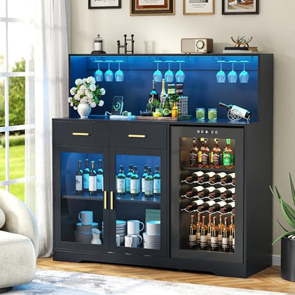 Gyfimoie 53" Wine Bar Cabinet with Fridge Space & Outlets, Large Coffee Bar Table with Storage Drawer,Liquor Cabinet with Wine Rack for Home, Living Room, Dining Room, Kitchen (Black)
