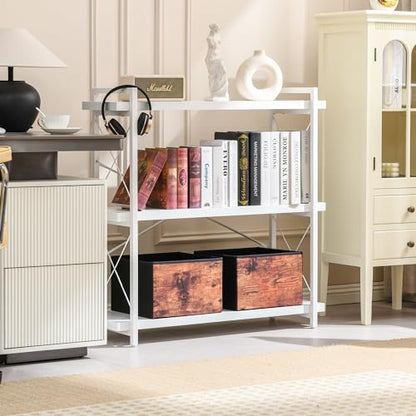 HCHQHS Bookshelf, 3-Tier Industrial Bookcase, White Open Book Shelf, Freestanding Horizontal Bookshelves with Metal Frame - color: Cloud White, size: 3-Tier (35.8"W x 35.8"H)