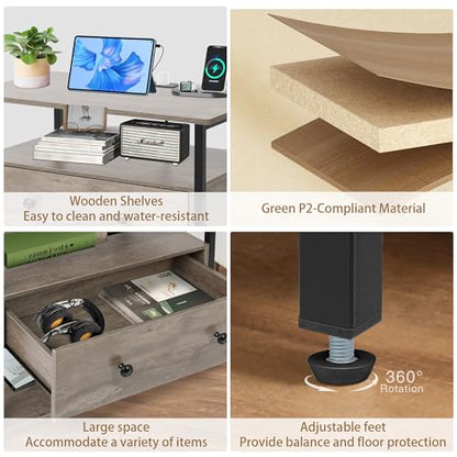 Edbuosy 27 Inch Wide Night Stand with Charging Station, Wood Nightstand with Open Shelf, Large Drawer Bedside Table for Living Room/Bedroom/Office, Rustic Gray - color: Rustic Gray, size: 27"W-1 Drawer