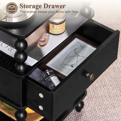 AWASEN Black Nightstand, Bed Side Table Bedroom with Drawer, 3-Tier Small Night Stand End Table with Storage for Small Spaces &Solid Wood Spindle Legs, Black - color: Black