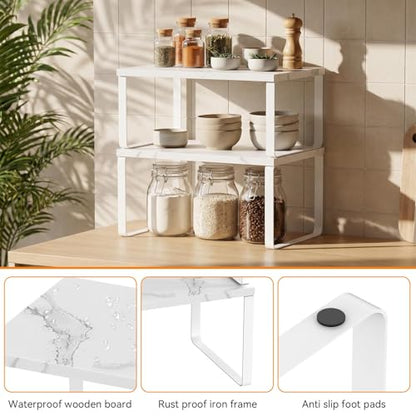 CADUKE Counter Shelf Set of 4 Kitchen Cabinet Shelf Organizer Stackable Expandable Countertop Shelf Organizer Spice Rack for Bathroom Pantry Racks,Metal and Engineered Wood, Marble White - color: Marble White
