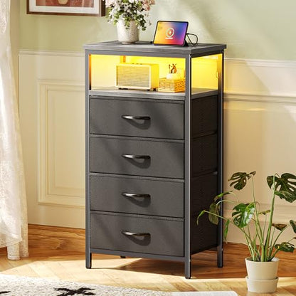 Huuger Night Stand with Charger Station and LED Lights, 4 Drawer Nightstand, Bed Side Table with Open Shelf, End Table, Fabric Dresser for Bedroom, Grey - color: Grey, size: 11.8"D x 15.7"W x 33.9"H（4 Drawers）