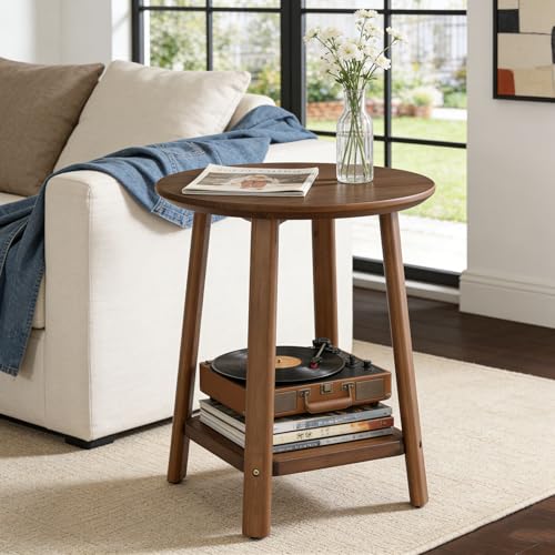 Solid Wood Side Table, 2-Tier Small Round End Table with Storage Shelf, Farmhouse Nightstand for Small Spaces, Living Room, Bedroom, Walnut