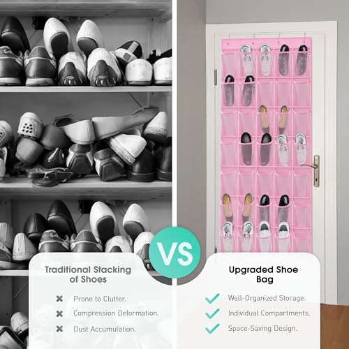 WVM Over the Door Shoe Organizer with 35 Breathable Mesh Pockets, Hanging Shoe Organizer for Door with 4 Metal Hooks, Large Capacity Closet Storage for Shoes, Accessories - style: Pink