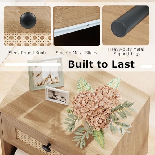 Giantex Rattan Nightstand with Drawer, Mid Century Modern Bed Side Table w/ 4 Metal Legs and Open Storage Shelf, Wood Boho End Table for Small Spaces, Night Stand for Bedroom Office, Natural - color: Natural