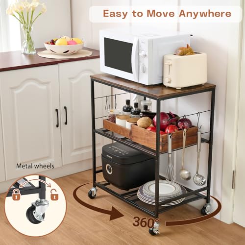 Rolling Kitchen Microwave Cart, 3 Tier Microwave Stand with Storage, Small Kitchen Island on Wheels, Wood and Mental Kitchen Shelf Rack, Black Organizer for Living Room, Office, Balcony - color: Black