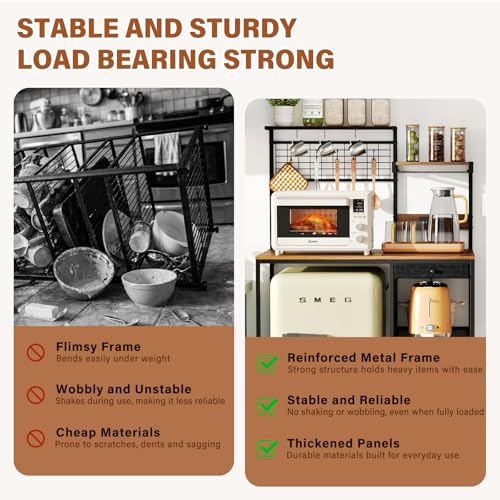 CozyDH Bakers Rack with Power Outlet, Kitchen Microwave Pantry Shelf with Storage Shelves, Wood Coffee Bar with Wire Basket and 8 S-Shaped Hooks, Rustic Brown 35.4 Inches