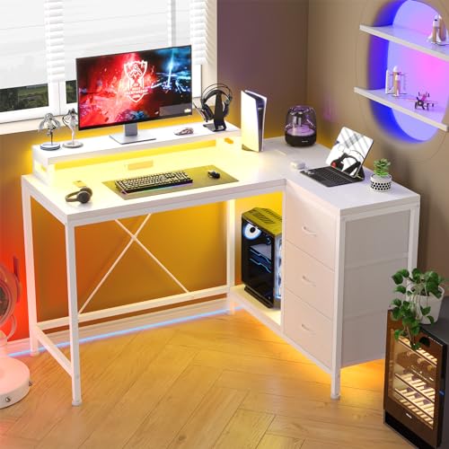 Patikuin L Shaped Desk with Power Outlets & LED Lights, Computer Desk with Drawers & Shelves, Corner Desk Gaming Desk Home Office Desk, White - color: White