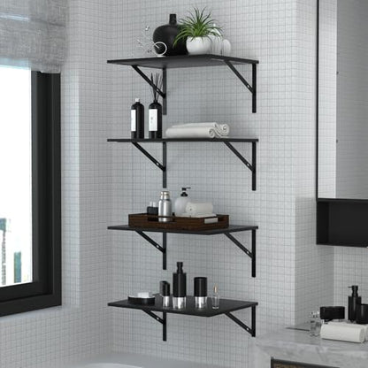 Deep Floating Wall Shelves - 4 Sets of 12 Inch Wide Black Wood Shelves for Bathroom, Bedroom, Kitchen, Living Room - color: Black Shelves