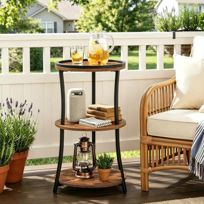 MAHANCRIS Small Round Side Table, 3-Tier Nightstand for Small Spaces | End Table with Raised Edge, Storage Shelf, Sofa Table for Corner, Living Room, Bedroom, Easy Assembly, Rustic Brown
