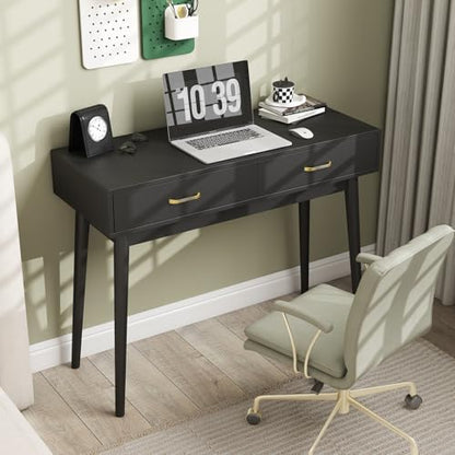 FUNKOCO Small Black Desk with Drawers - 40 Inch Home Office Study Writing Desk for Bedroom, Vanity Desk with 4 Solid Legs, Modern Computer Desk for Small Spaces (Balck) - color: Black