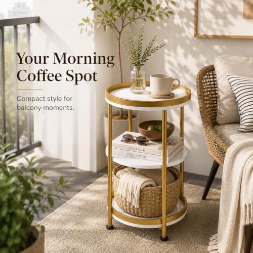 Dulcii Round Side Table with Storage Tray for Living Room, 15" L x 15" W x 24" H Bedroom Nightstand 3 Tiers Bedside Table with Steel Frame for Small Spaces (White & Gold) - color: White + Gold, style: Classic