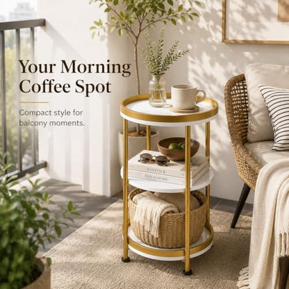 Dulcii Round Side Table with Storage Tray for Living Room, 15" L x 15" W x 24" H Bedroom Nightstand 3 Tiers Bedside Table with Steel Frame for Small Spaces (White & Gold) - color: White + Gold, style: Classic