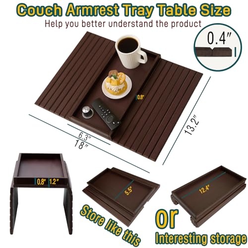 Bamboo Couch Arm Tray Table，Foldable Sofa Armrest Tray Table for Couch，Flexible and Anti-Slip Couch Arm Cup Holder，Portable Sofa Arm Chair Table for Drink,Cups, Eats，Snacks, Phone, Remote - color: Mahogany