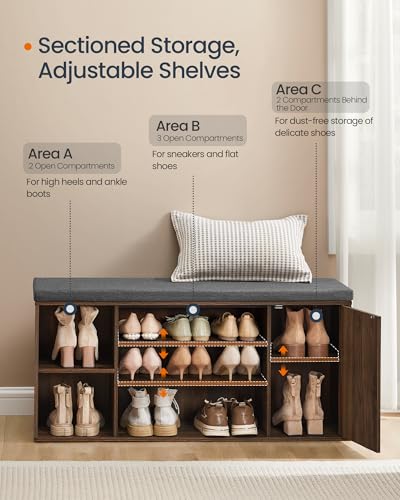 SONGMICS Home Storage Bench, Snapsemble Superfast Assembly, 41" Wide Entryway Shoe Bench with Cushion & Adjustable Shelves, Shoe Rack Cabinet, Natural Walnut and Slate Gray ULHS391KE04S - color: Natural Walnut + Slate Gray, style: 12"D x 40.9"W x 18.9"H w
