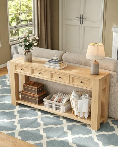 FUSOU 63 Inch Console Table, Sofa Table Behind Couch, Entryway Table with 4 Drawers & Open Shelf, Farmhouse Sofa Table for Living Room (Natural) - color: Natural