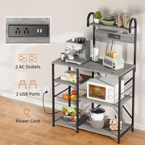 Shintenchi Kitchen Bakers Rack with Power Outlet, Multifunctional Organizer & Storage with 6 Hooks, Microwave Oven Stand, and Coffee Station Shelf, Grey - color: Gray