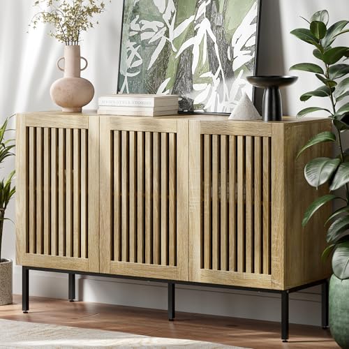 BVIUNTWO Buffet Cabinet with Storage,47" Farmhouse Console Table with Metal Base and Adjustable Shelves,Sideboard Coffee Bar Cabinet with 3 Doors for Kitchen,Dining Room,Living Room,Oak - color: Oak, size: 47 Inch