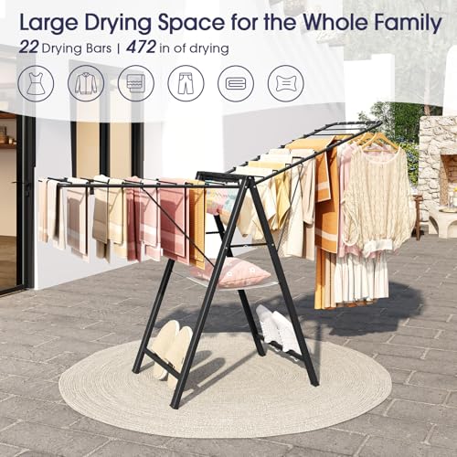 Clothes Drying Rack, 67.7" L Height Adjustable, Foldable, Black | 1.5"Folded, No Assembly, Space-Saving, Spacious Design, Adjustable Wings, Clips, Mesh Shelf, Shoe Rack, Indoor & Outdoor Use - color: Black