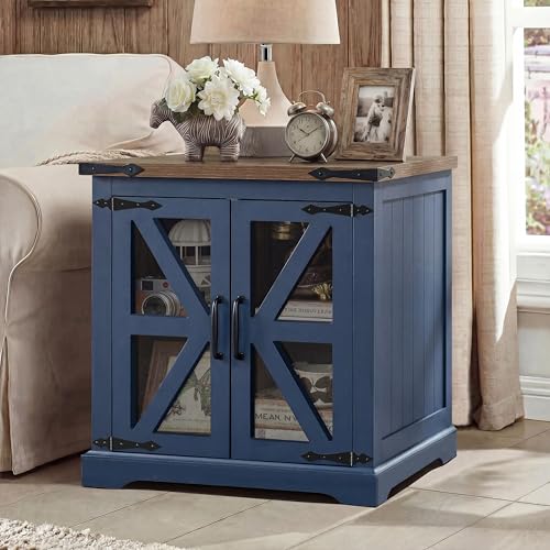 Farmhouse End Table, 24" Large End Tables with Storage, Rustic Square Sofa Beside Table with Glass Barn Door, Wood Side Table Square Nightstand for Living Room, Bedroom, Office (Misty Blue) - color: Misty Blue