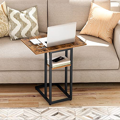 HOOBRO Foldable C Shaped End Table, C Shaped Side Table with Storage Shelf, Small Snack Table, Slide Under Couch Table for Sofa, Living Room Bedroom Small Spaces Easy Assembly, Rustic Brown BF29SF01 - color: Rustic Brown + Black