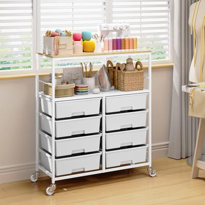 Rolling cart with 8 drawers,Storage drawer cart with wooden tabletop,Lockable wheels organizer for homeschool, arts & crafts, classroom, office & creative spaces (White) - color: White