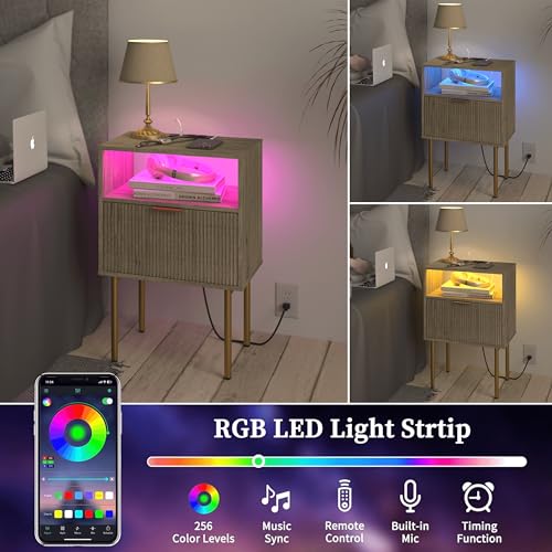 JOONEE Modern Nightstand with Charging Station and LED Lights, White Bedside Table with Drawer, Fluted Side Table for Living Room, Bedroom - color: Grey